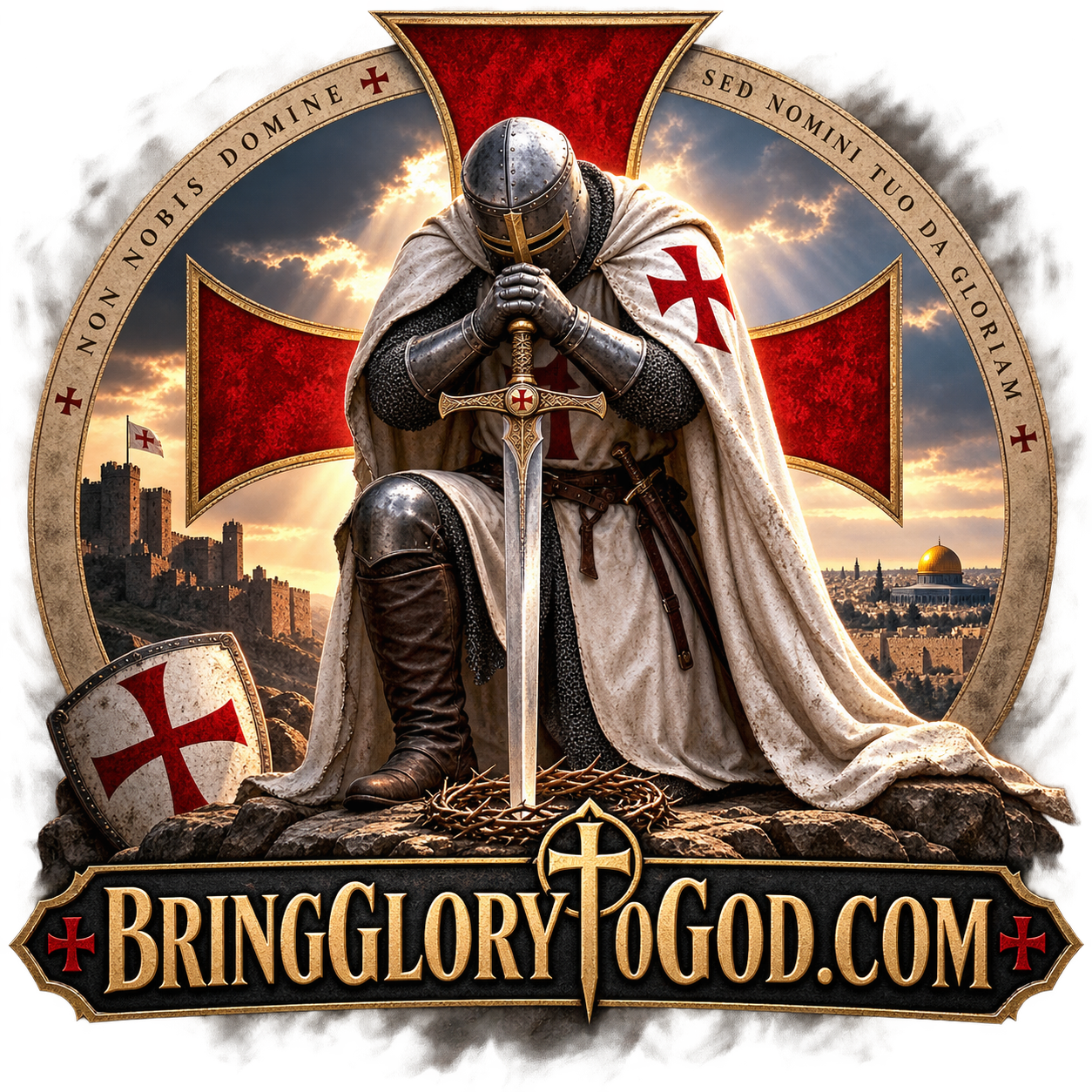 Bring Glory to God emblem: a kneeling knight in prayer beneath a red cross